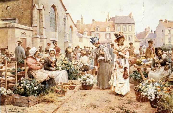 Alfred Glendening Flower Market in a French Town